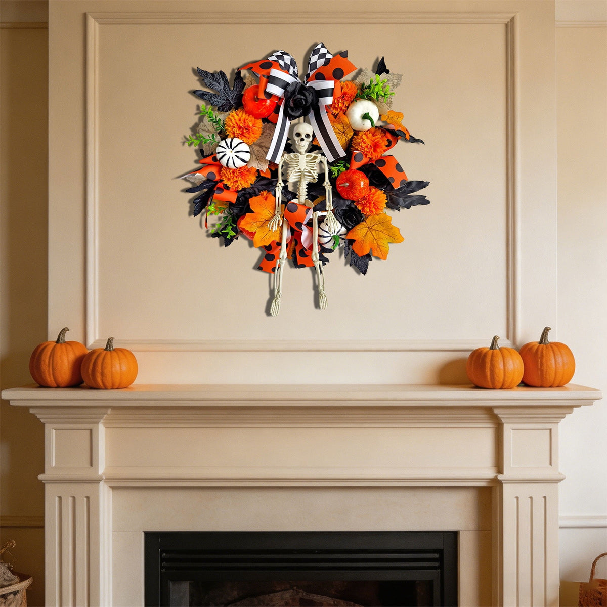 ICQOVD Halloween Pumpkin Maple Leaf Wreath with Skeleton Ornament Orange Black Bow Front Door Hanging Fall Home Decoration 15.75*15.75*3.15IN