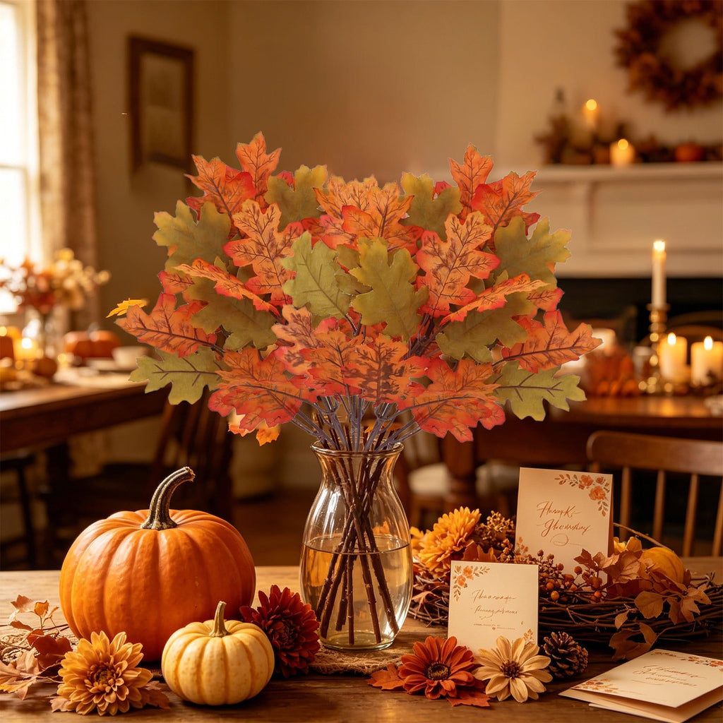 SPOORYYO 2Pcs Fall Maple Leaves Stems for Vase, Artificial Autumn Fake Leaves Decor, Maple Leaf Bushes Shrubs for Thanksgiving Halloween Home Farmhouse Table Centerpiece, 12.99" x 7.87"
