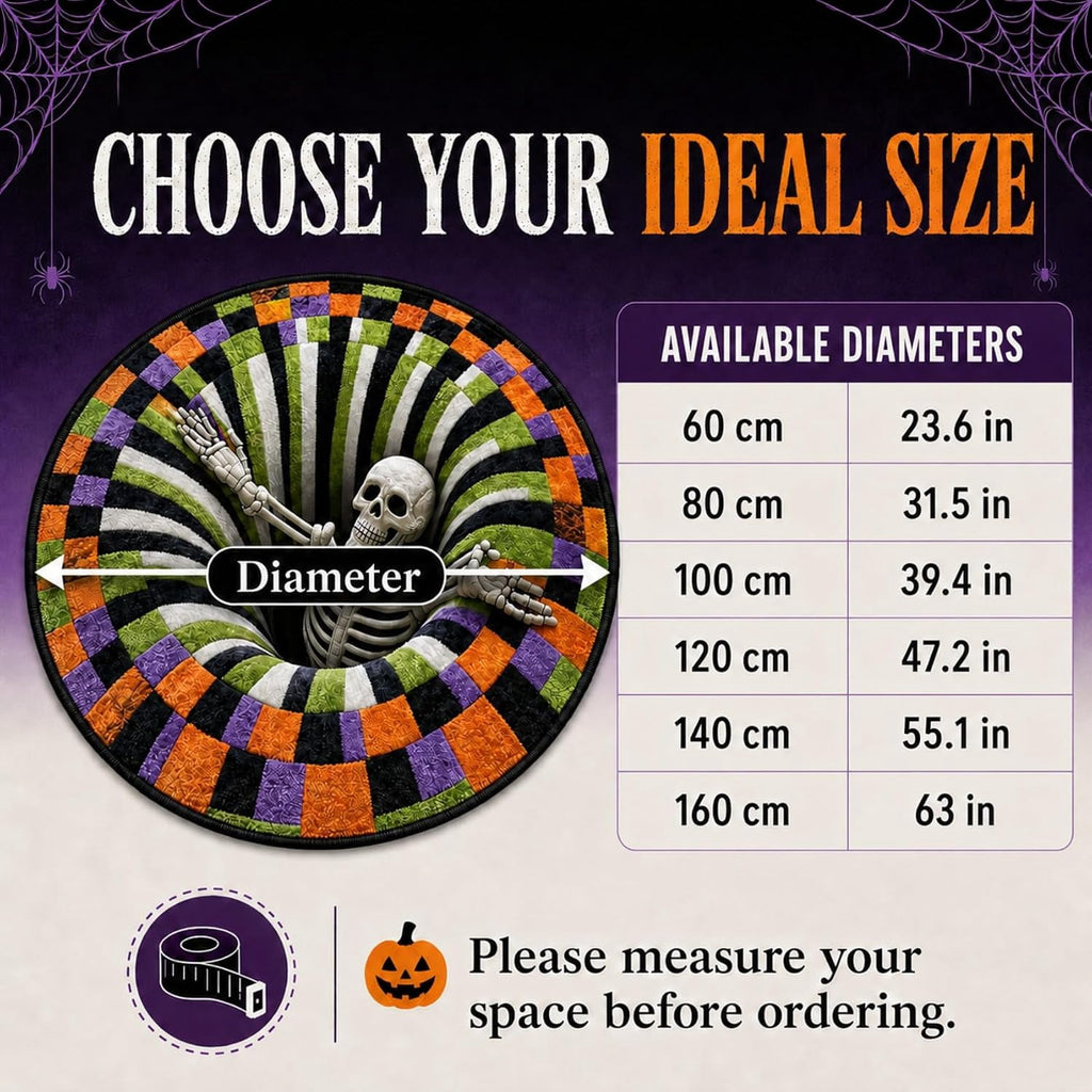3D Halloween Rug, skeleton vortex quilted round Mat (#B,140 cm / 55.1 in) | 3D Candy Corn Abyss Quilted Round Mat with Spooky Depth Design Crystal Velvet Soft & Durable Fabric Non-slip