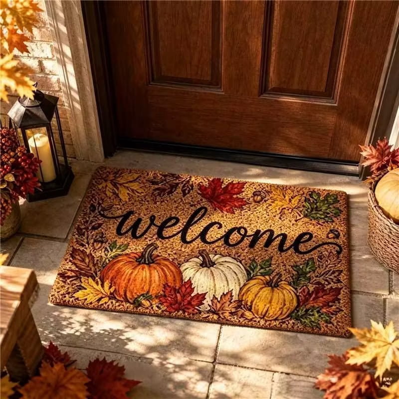 Fall Thanksgiving Welcome Doormat with Pumpkin Maple Leaf Design 15.75 x 23.62 Inch Crystal Velvet Seasonal Rug for Entryway Kitchen Home Decor