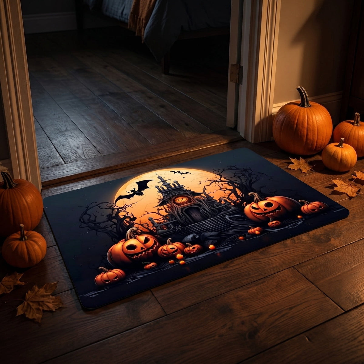 Halloween Themed Doormat Entryway Rug, Spooky Pumpkin Front Door Mat for Trick or Treaters, Non Slip Washable Mat for Indoor and Outdoor, Festive Halloween Floor Decoration for Home