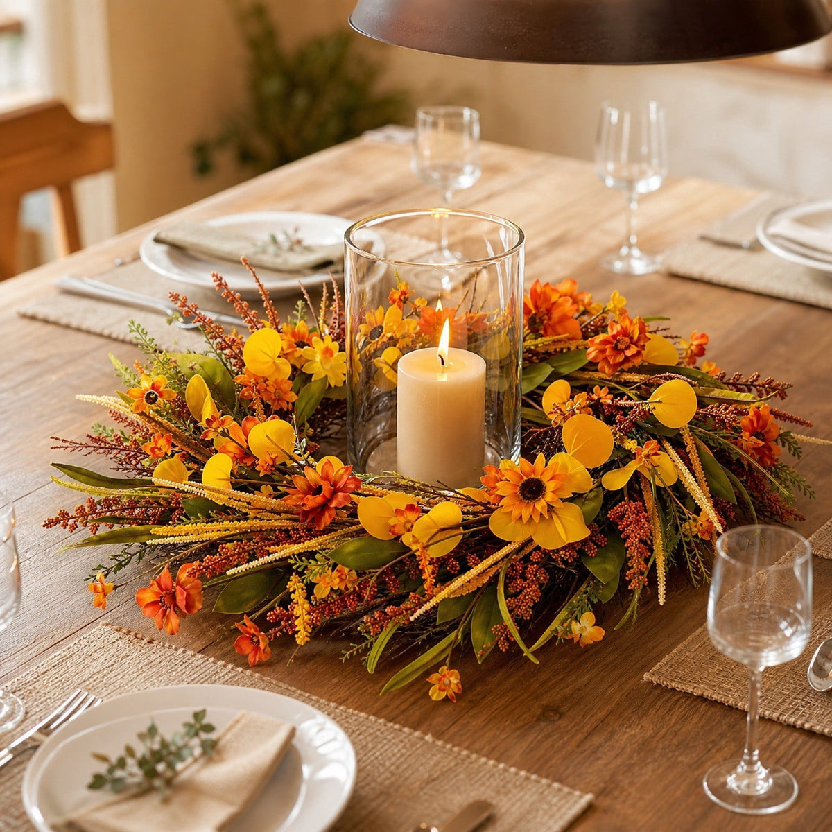Winter Poetry Upgrade Fall Sunflower Dried Grass Wreath, Harvest Front Door Hanging Garland, Rattan Base Artificial Wreath for Halloween Thanksgiving Window Wall Decor, 17.71x17.71x3.54in