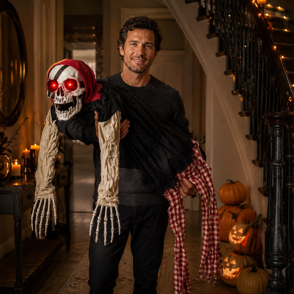 QLUEWX Halloween Skeleton Decoration with Lights and Sounds, Motion Activated Crawling Pirate Skeleton Prop, Indoor Outdoor Hanging Decor for House Yard Haunted House Halloween Party
