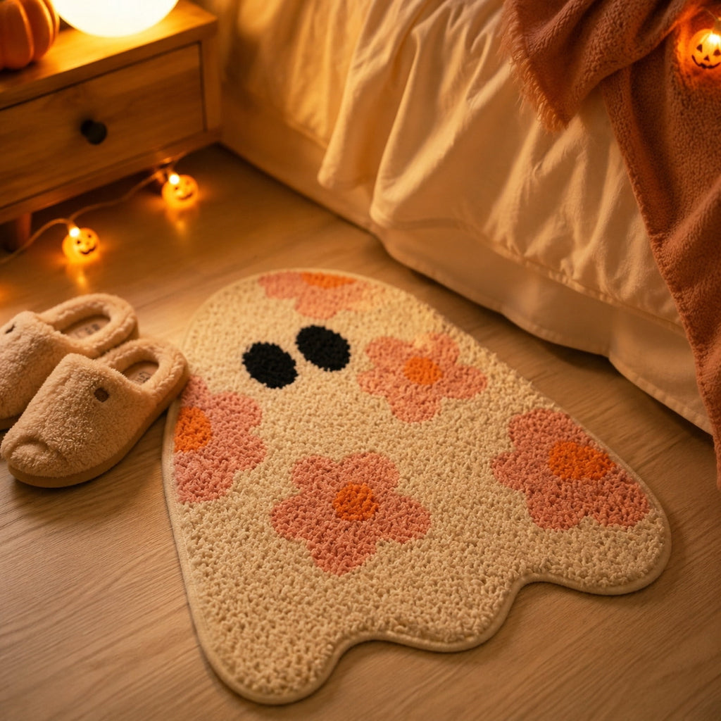 Pinks Ghost Doormat with Floral Patterns Irregular Halloween Cute Rug Non Slipes for Front Porch Indoor Outdoor, 15.74x23.62in