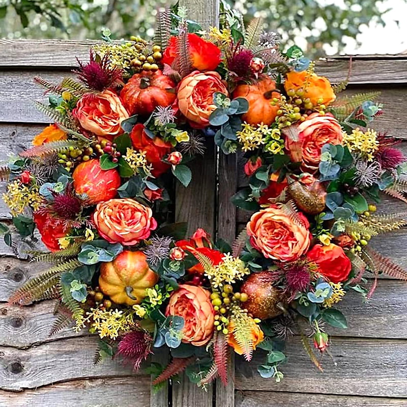 Yucurem Fall Peony Pumpkin Wreath for Front Door, 15.74" Artificial Autumn Harvest Pumpkin Wreath for Halloween Thanksgiving Harvest Mantle Porch Wall Window Decor