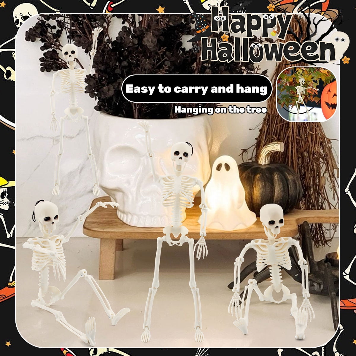 Posable Halloween Skeleton Decor, 4 Packs 16 Inches Full Body Posable Joints Hanging Skeletons for Halloween Haunted House Party Home Props Decorations