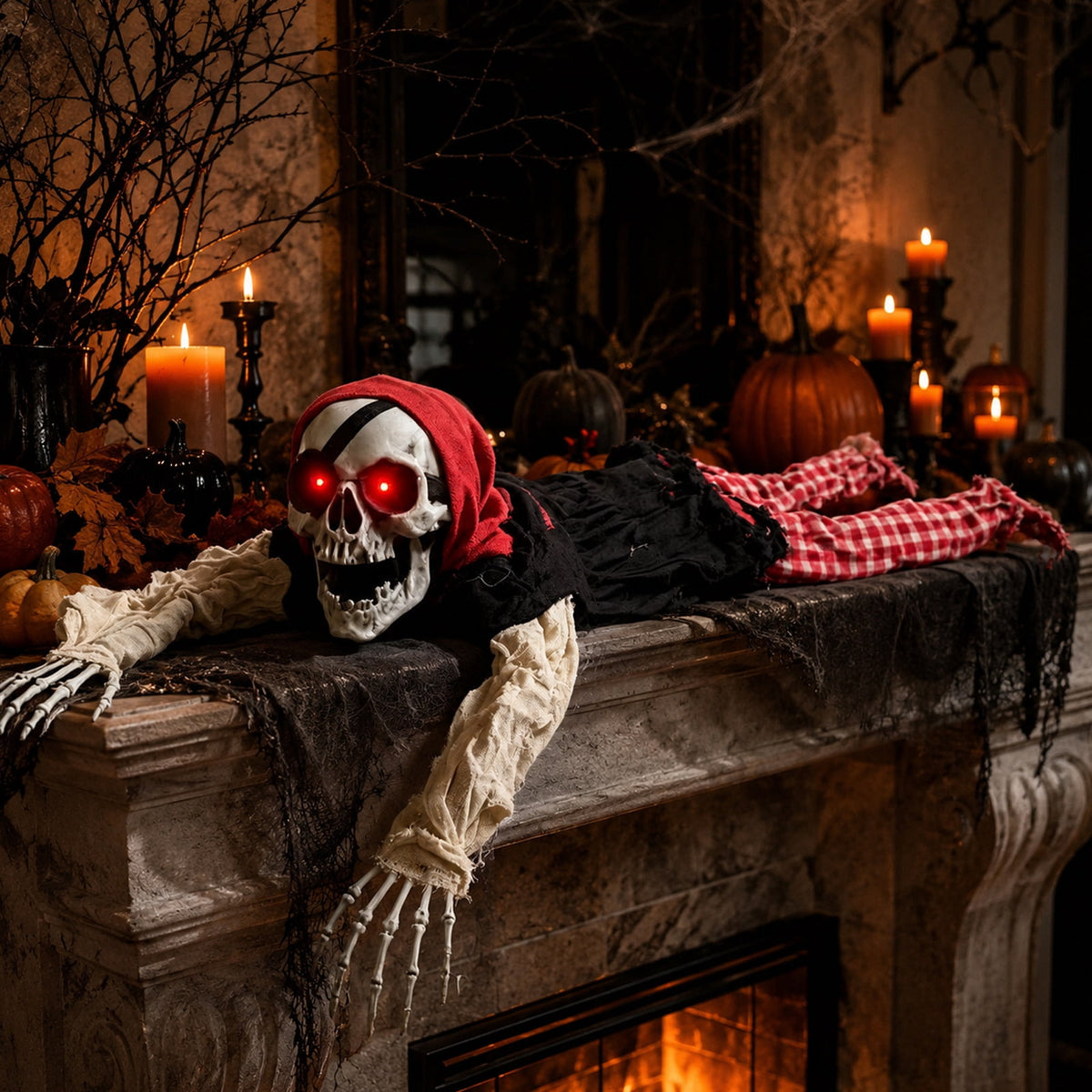 QLUEWX Halloween Skeleton Decoration with Lights and Sounds, Motion Activated Crawling Pirate Skeleton Prop, Indoor Outdoor Hanging Decor for House Yard Haunted House Halloween Party