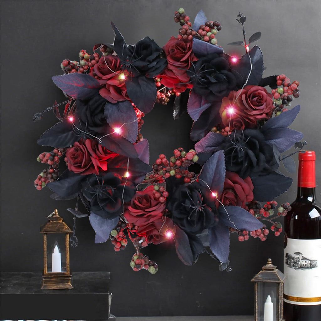 Halloween Decorative Wreath With Lights for Front Door,Black Red Rose Wreaths,15" Berries Wreaths Decor with Black Leaves Garland Ornament for Wall,Porch,Window,Indoor Outdoor Halloween Accessories