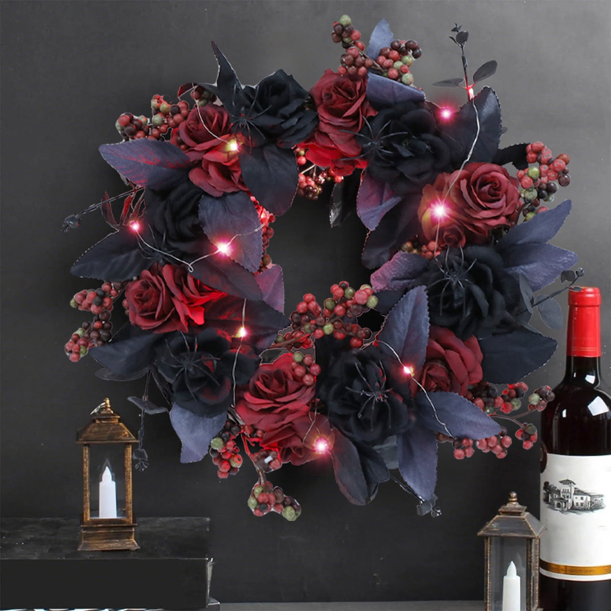 Halloween Decorative Wreath With Lights for Front Door,Black Red Rose Wreaths,15" Berries Wreaths Decor with Black Leaves Garland Ornament for Wall,Porch,Window,Indoor Outdoor Halloween Accessories
