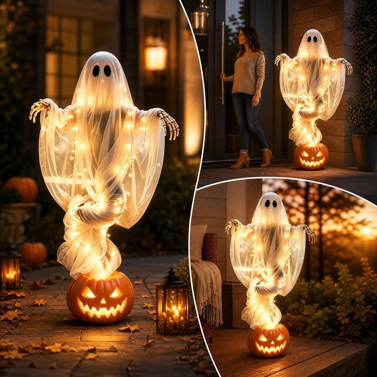 Elainilye Swirling Ghost Pumpkin Yard Lamp, Lighted Spooky Ghost Statue, Warm LED Halloween Decorations Indoor Outdoor, Fall Autumn Garden Ornament for Halloween Party Decoration