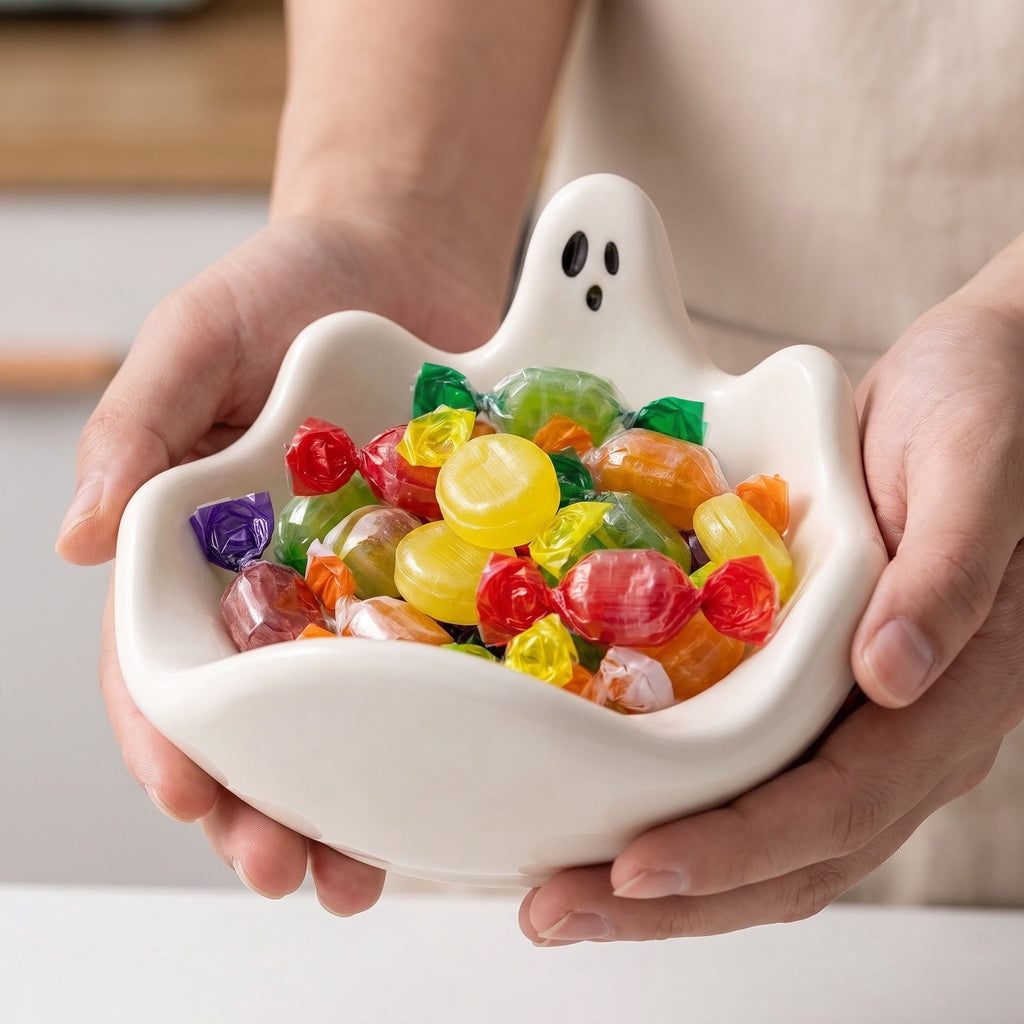 Diceymbol Halloween Pumpkin Snack Bowl Stand Collapsible Broomstick Candy Tray for Cupcakes & Desserts, Resin Serving Platter with Ceramic Pumpkin Bowls