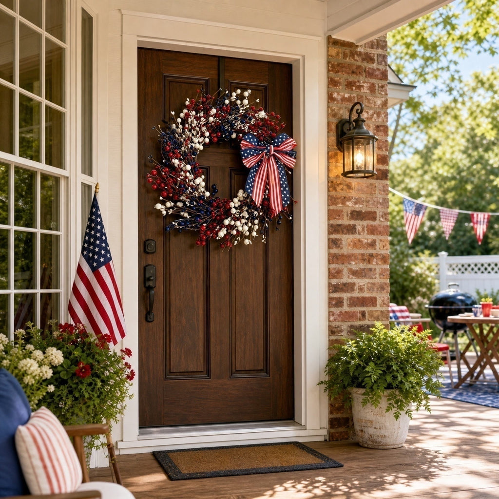 Nkmbld 4th of July Wreaths for Front Door, Independence Day Wreath Red White Blue Flower Wreath for Independence Day Memorial Day Flag Day Decor