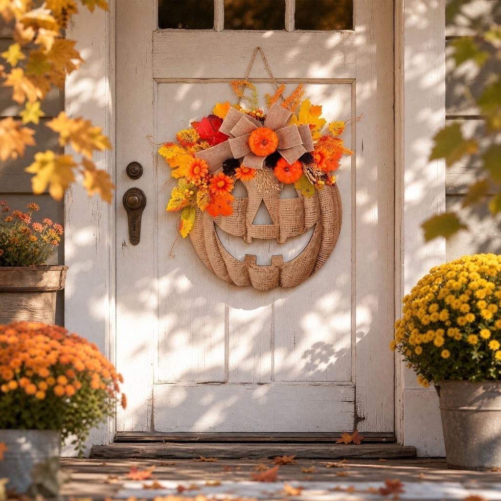 Autumn Pumpkin Door Hanger, Simulated Flower Wooden Pumpkin Wreath Seasonal Farmhouse Wall Decoration Reusable Festive Accent, Fall Thanksgiving Halloween Decor for Front Door Porch Window Mantel