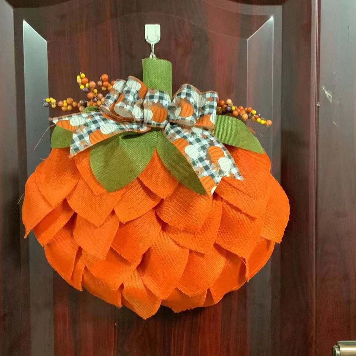 CASAFUN Autumn Pumpkin Wreath with Bows and Berries,Front Door Fall Decorations for Home Porch,Burlap Pumpkin Garland for Autumn Fall Halloween Christmas Thanksgiving Wall Decor