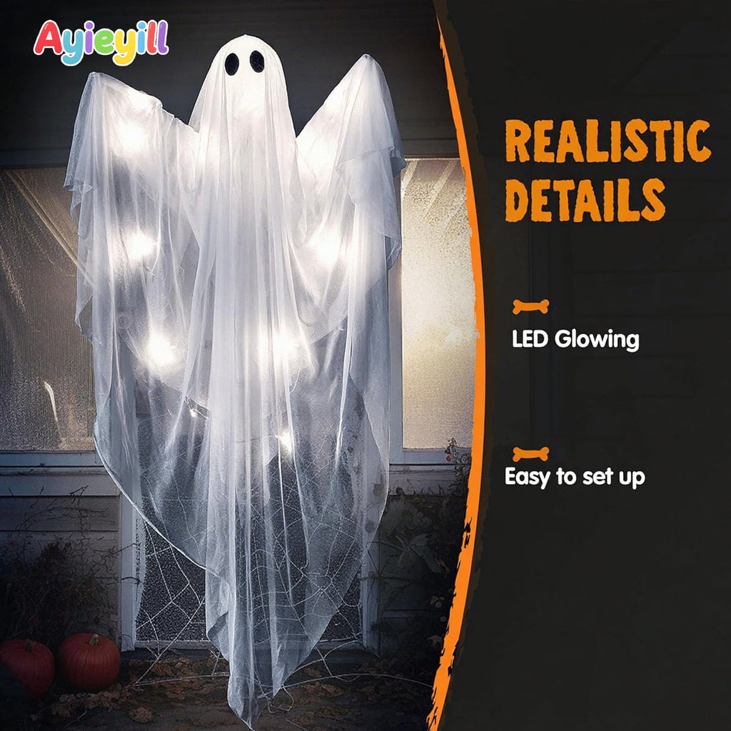 Ayieyill Halloween Ghost Decor with Blue LED Light, 47” Light up Hanging Ghost Halloween Yard Porch Decorations Outdoor