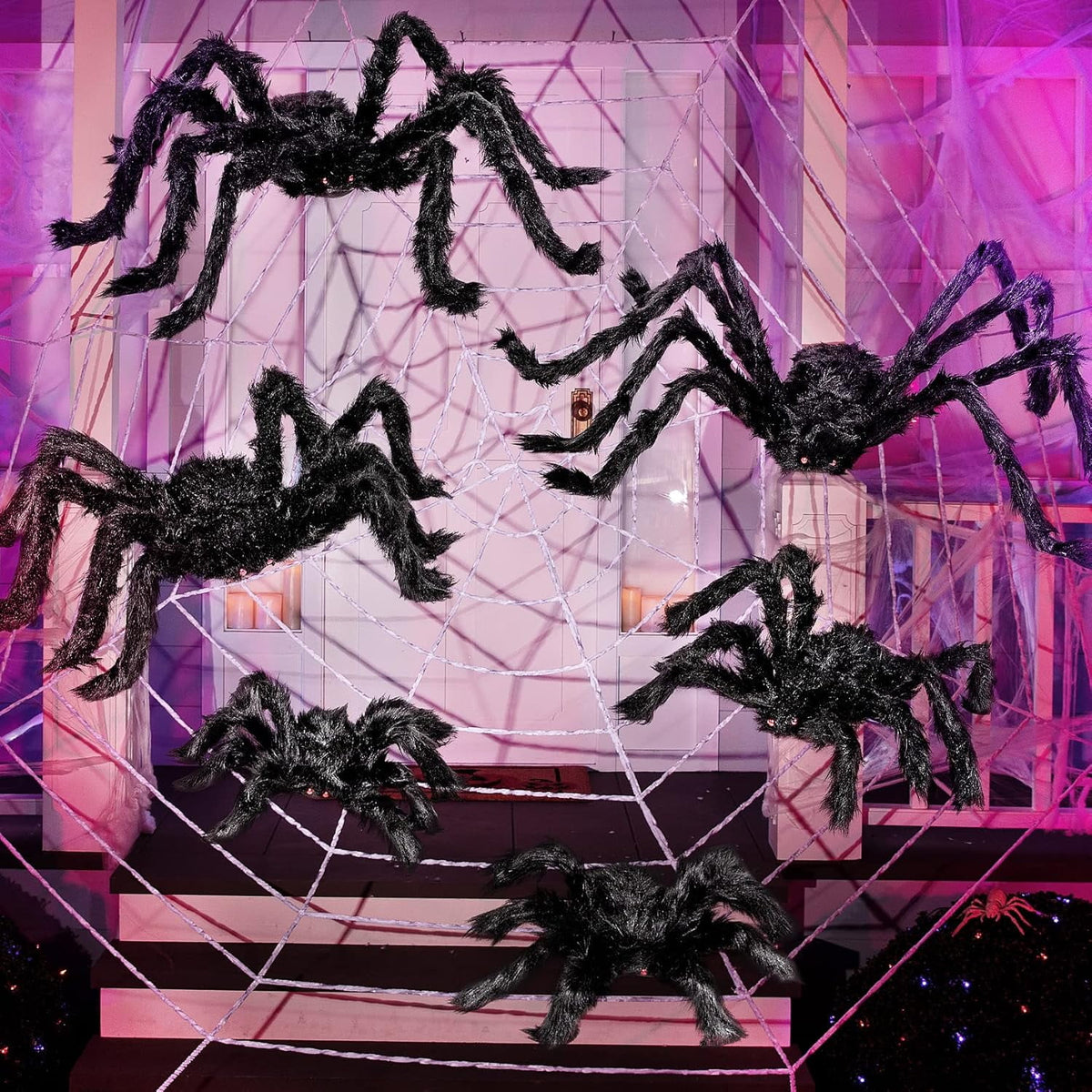 Joyfy 6 Packs Colorful Hairy Giant Spiders Halloween Decorations Outdoor,Multi-Size Outdoor Halloween Spider Decorations for Yard Lawn & Patio (30", 30", 20", 20", 12", 12")