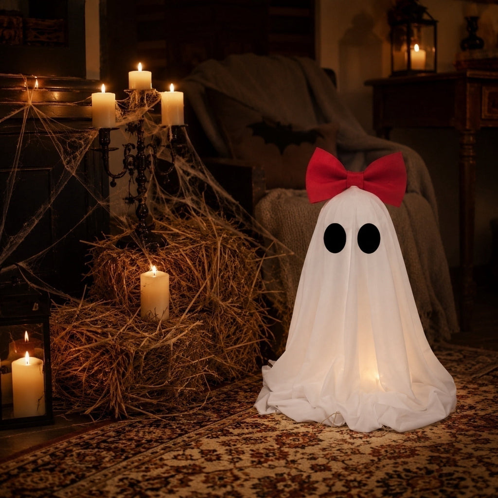 Clearance! Halloween Yard Decorations Light Up Ghost with Bow for Outdoor Front Porch Patio Lawn Garden Entryway Scary House Display Spooky Holiday Party Prop Home Decor