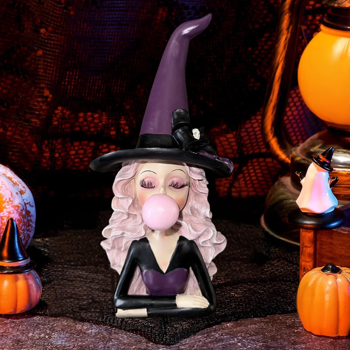 Halloween Ghost Figurine, Ghost Girl with Pink Bow & Hot Drink, Funny Ghost Statue Halloween Decor for Gift, Cute Spooky Tabletop Ornament for Home, Mantle, Desk & Party Decoration