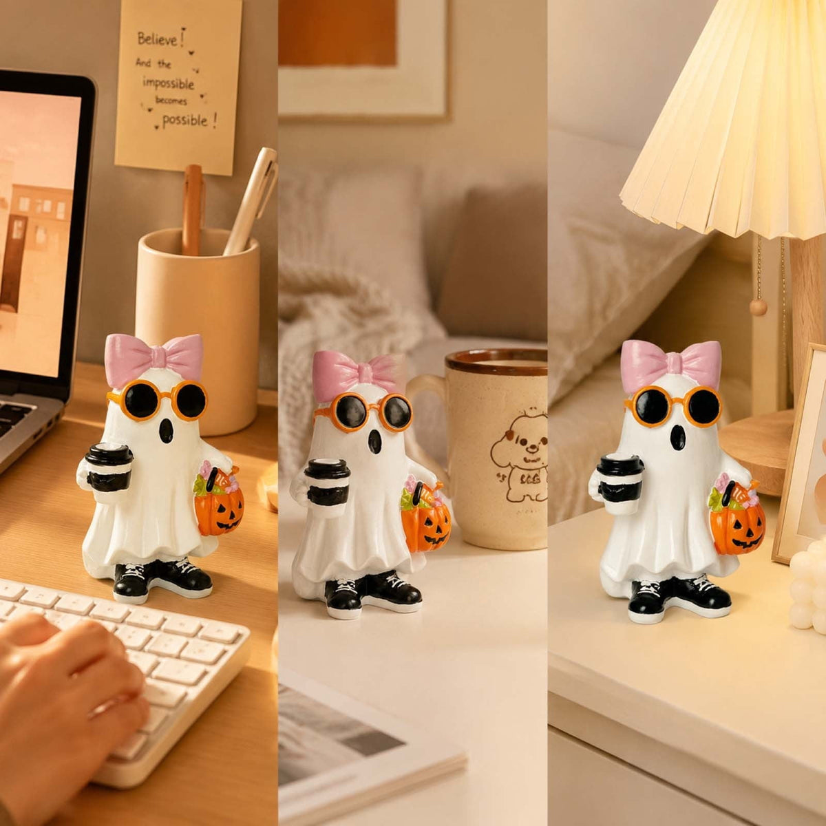 Halloween Ghost Figurine, Ghost Girl with Pink Bow & Hot Drink, Funny Ghost Statue Halloween Decor for Gift, Cute Spooky Tabletop Ornament for Home, Mantle, Desk & Party Decoration
