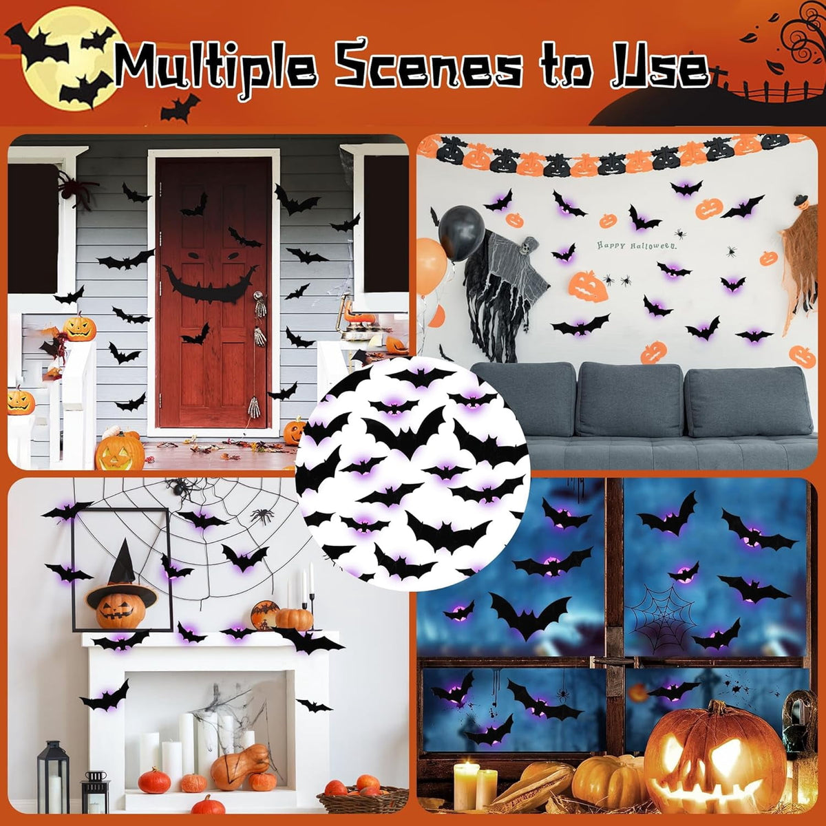 CQHVKQ 36 PCS Halloween Bats Decorations, Realistic 3D LED Bats Wall Stickers Decor, Assorted Size Removable Lighted PVC Bats DIY Wall Sticker for Halloween Party, Bedroom, Home, Indoor and Outdoor