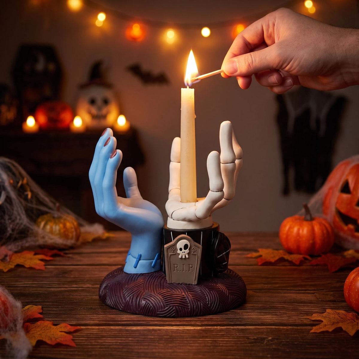 Halloween Hand Candle Holder Decorative Tabletop Figurine Resin Sculpted Accent for Mantel Shelf Desk Party Display