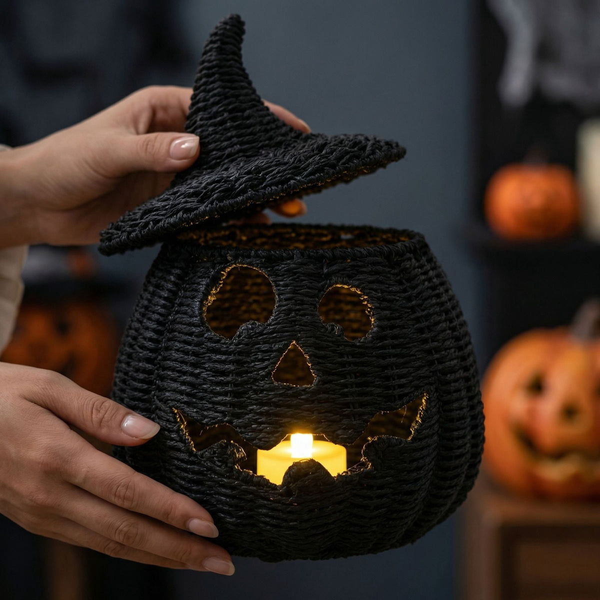 THOPBPRK 2026 Black Halloween Woven Pumpkin Jack-O'-Lantern, Halloween Decorations Pumpkin, USE LED Candle, Rattan Fall Halloween Decor for Home, 1Pack 11.8 Inch A