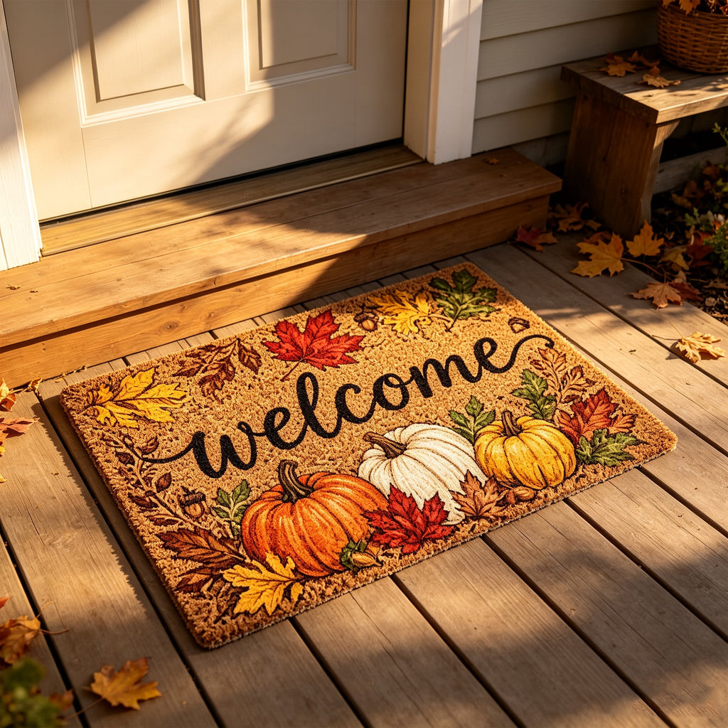Fall Thanksgiving Welcome Doormat with Pumpkin Maple Leaf Design 15.75 x 23.62 Inch Crystal Velvet Seasonal Rug for Entryway Kitchen Home Decor