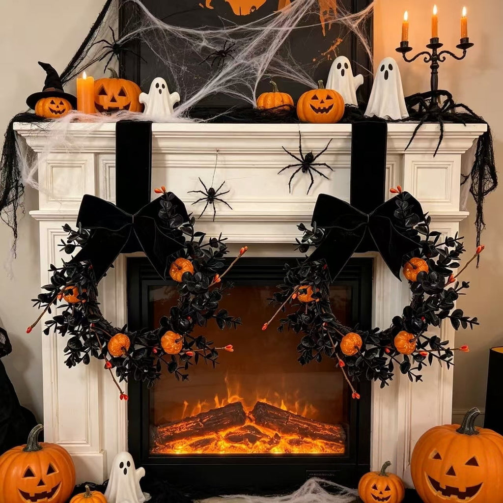 XEAZON 1/2/4 Pcs Halloween Wreaths 9" Artificial Hallowee Wall Cabinet Decor Mini Wreath with Pumpkin and Velvet Bow, Gothic Kitchen Cabinet Wreaths for Front Door Cabinets Window Wall Holiday Decor