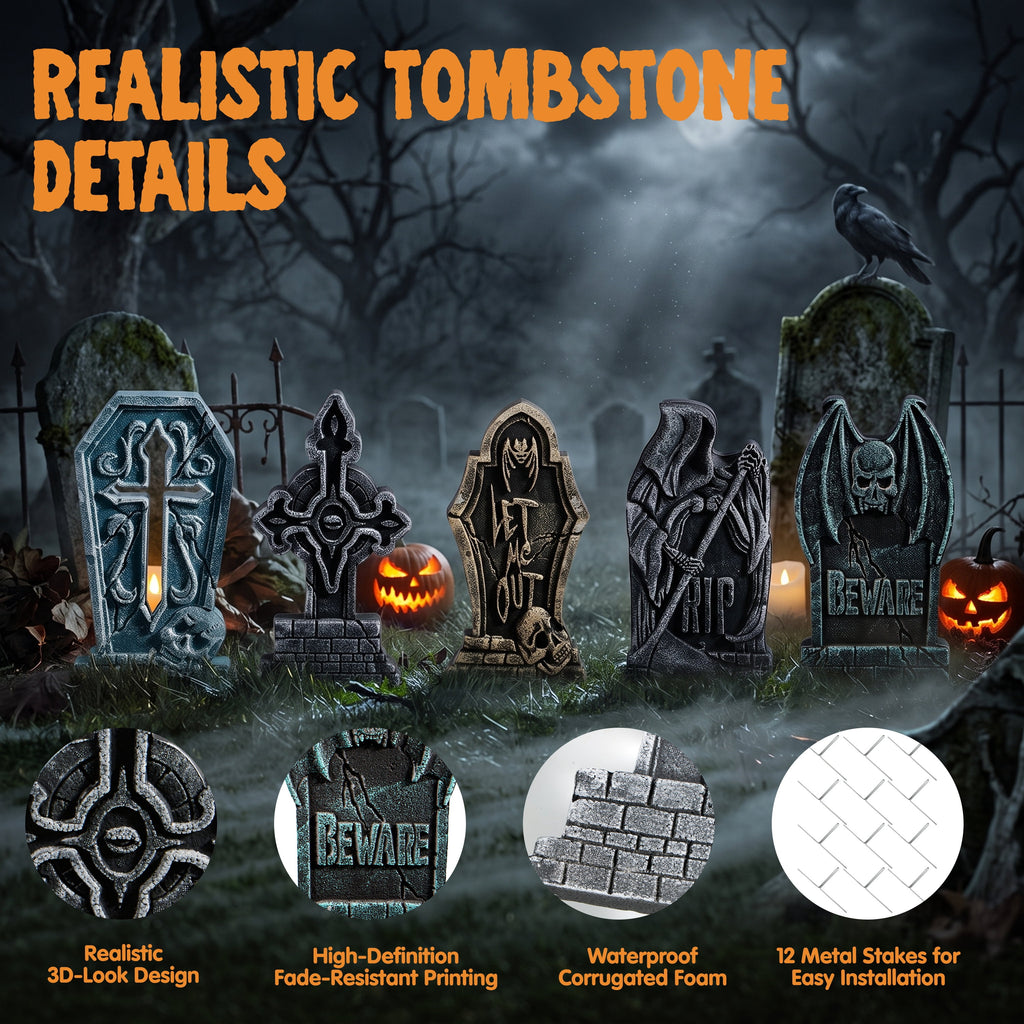 Joyfy 5 Pack Halloween Tombstone Outdoor Decorations,17 Inch Foam RIP Cemetery Headstone Decoration and 12 Halloween Yard Lawn Decoration Metal Stakes