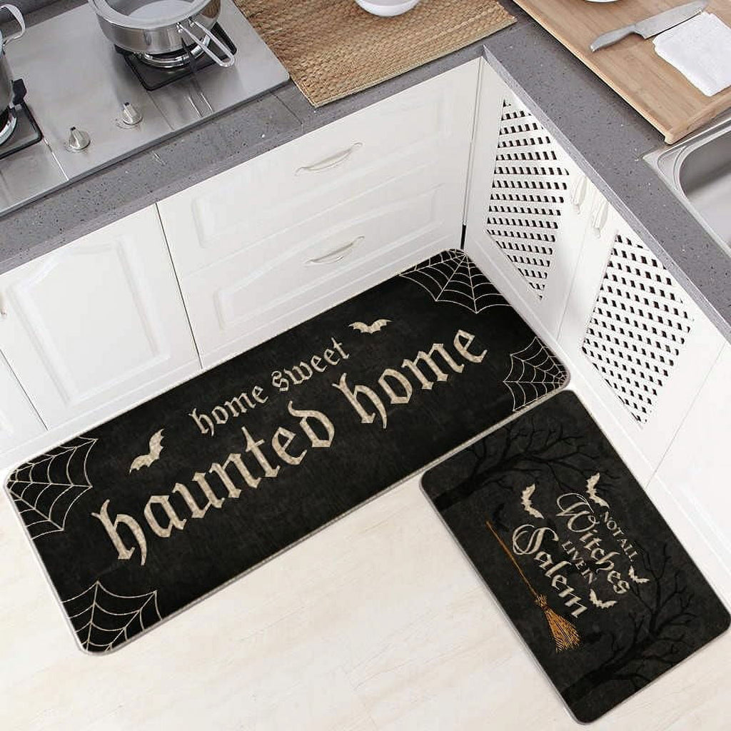 Halloween Kitchen Mat Set of 2, No All Witch Live in Salem Kitchen Rug, Bat Broom Halloween Farmhouse Party Floor Mat for Home Kitchen Decorations - 17x27 and 17x47 Inch