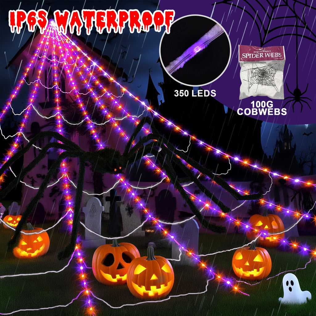 Scidweet Halloween Decorations Outdoor, 350 LED Halloween Spider Web Lights with 79" Large Spider for Garden Yard Home Decor, Multicolor