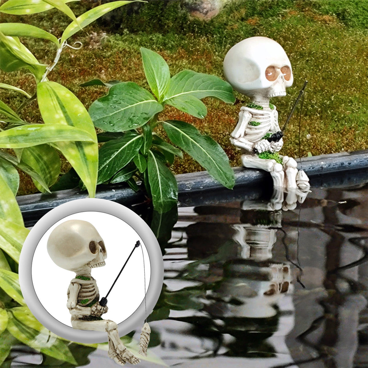 Oalirro Halloween Fishing Skeleton Resin Statue - 4.5in Realistic Hand-Painted Outdoor Garden Decor, Durable Pond Ornament for Yard, Porch, Horror Gift