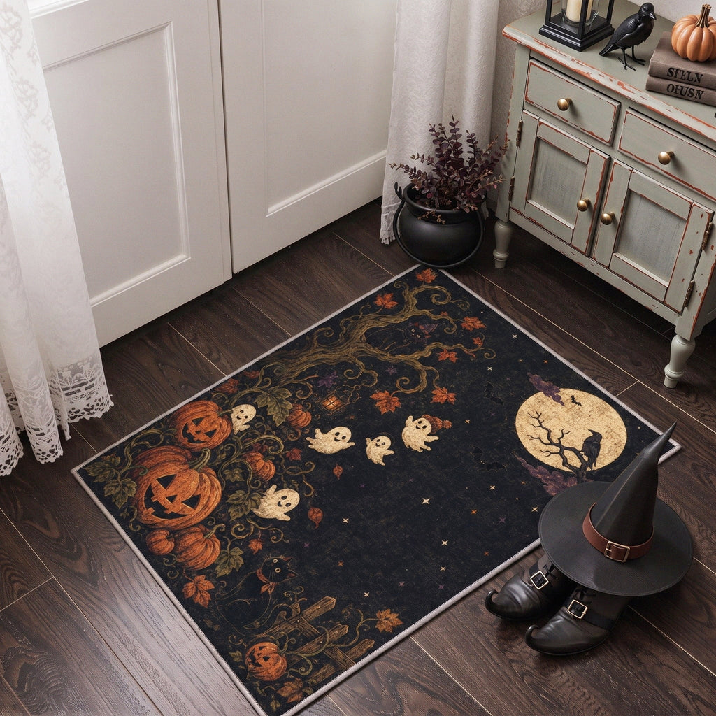 GENIMO 2'x3' Halloween Doormat, Washable Non Slip Soft Whimsical Cat Outdoor Door Mat for Front Door Covered Porch Patio Entryway, Rustic Black