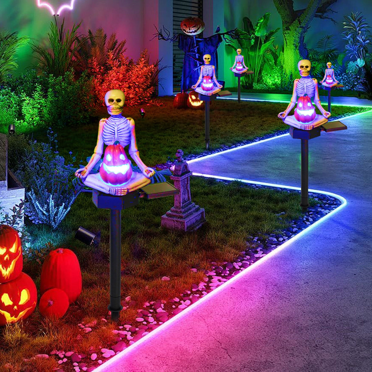 Konghyp Solar Yoga Skeleton Ground Plug, Halloween Decoration, Color Gradient Lights, Outdoor Yard Decor, Weatherproof Garden Pathway Lamp, Fun Festive Ornaments