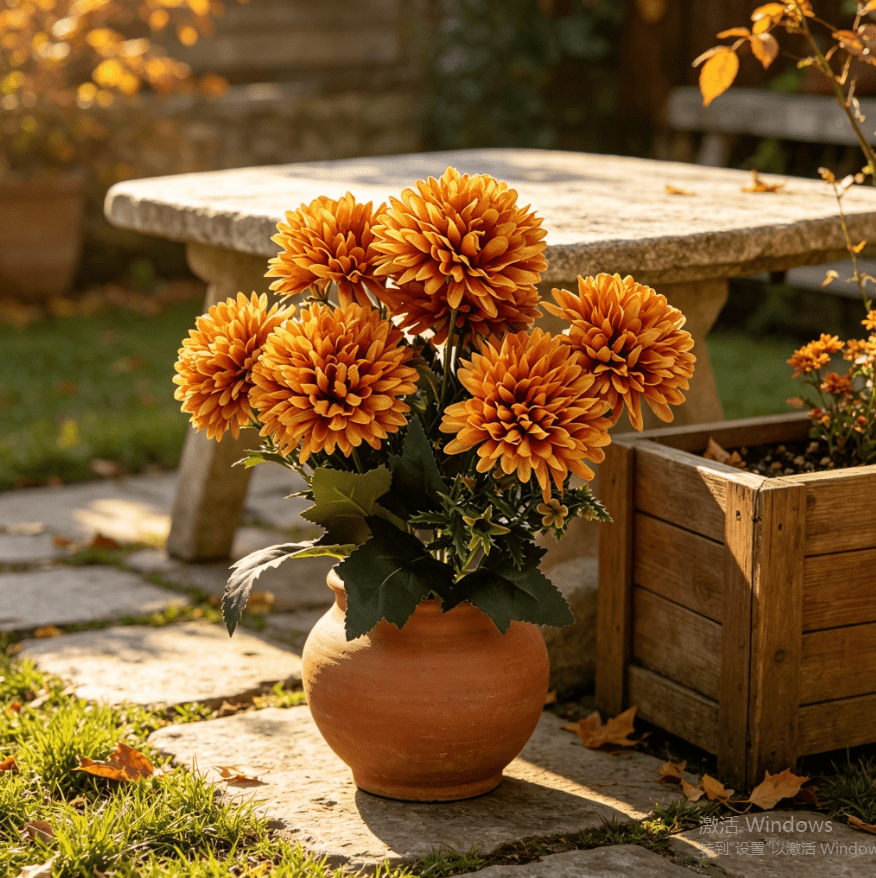1Pack Faux Fall Mums for Outside Artificial Mums Outdoor Clearance Chrysanthemum Bush Silk - Orange Fall Decorations for Home Fall Wedding Flowers