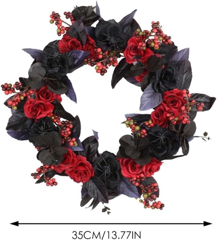 Halloween Decorative Wreath With Lights for Front Door,Black Red Rose Wreaths,15" Berries Wreaths Decor with Black Leaves Garland Ornament for Wall,Porch,Window,Indoor Outdoor Halloween Accessories
