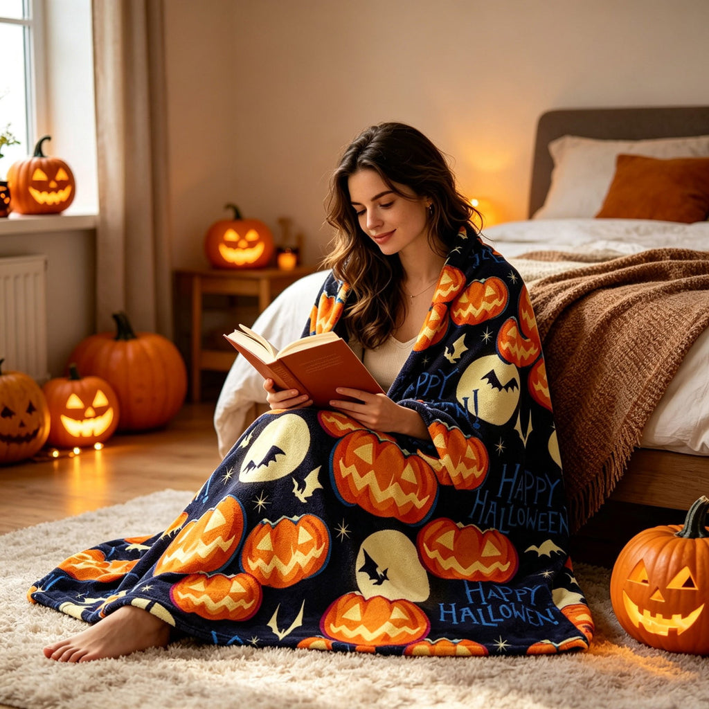Halloween blanket,Halloween Print Throw Blanket Flannel Soft Cozy Decorative Nap Blanket with Ghost Pumpkin Skull for Office Bedroom Sofa Camping Travel(100x150cm/39x59 Inch),Black