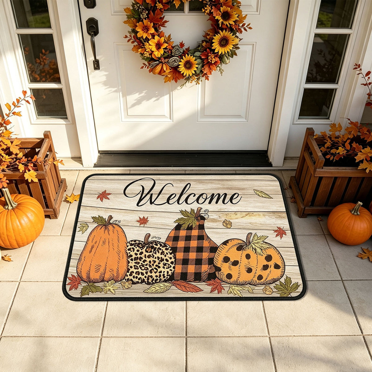 Yhmxh Fall Pumpkin Decorative Door Mat, Autumn Harvest Welcome Entryway Rug, Non‑Slip Absorbent Front Doormat, Seasonal Floor Mat for Indoor Outdoor Halloween Home Decoration 15.7x23.6 Inch
