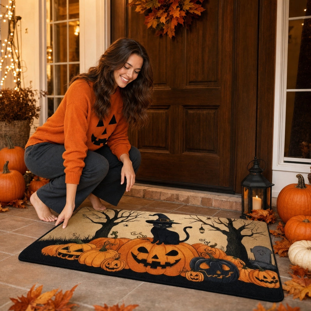 Halloween Dog Door Mat 16x24", Golden Retriever Ghost Pumpkin Welcome Rug for Porch, Halloween Outdoor Decorations