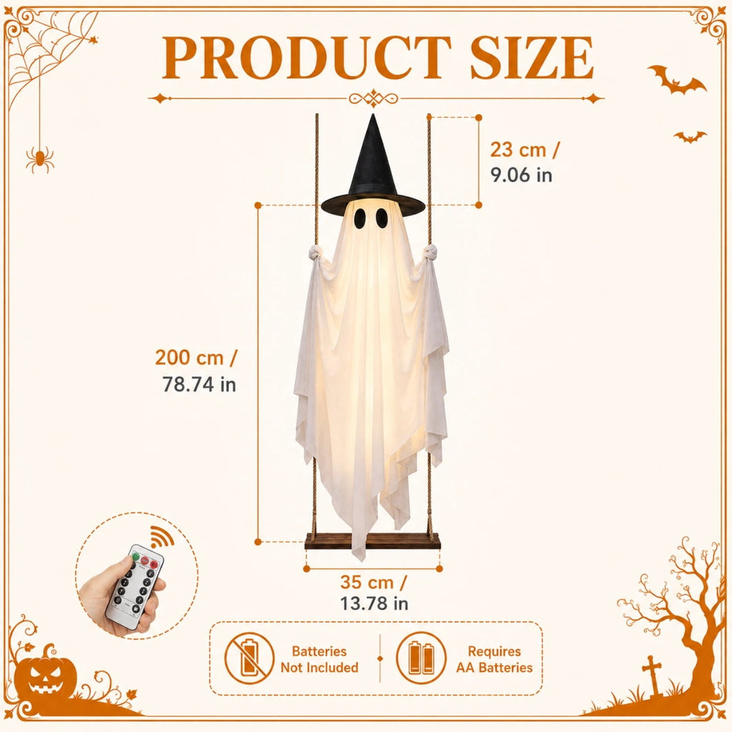 Light Up Swinging Ghost Outdoor Decor, 6.56FT Pre-Assembled LED Hanging Ghost on Swing with Remote Control, Halloween Decorations Outdoor for Porch Yard Tree
