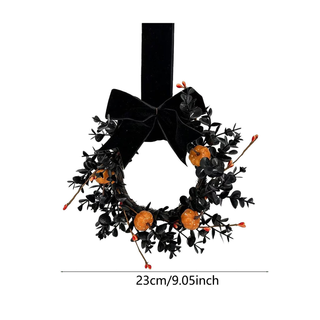 Gothic Halloween Wreath with Velvet Bow and Mini Pumpkins for Front Door Fall Decor 23 Inch