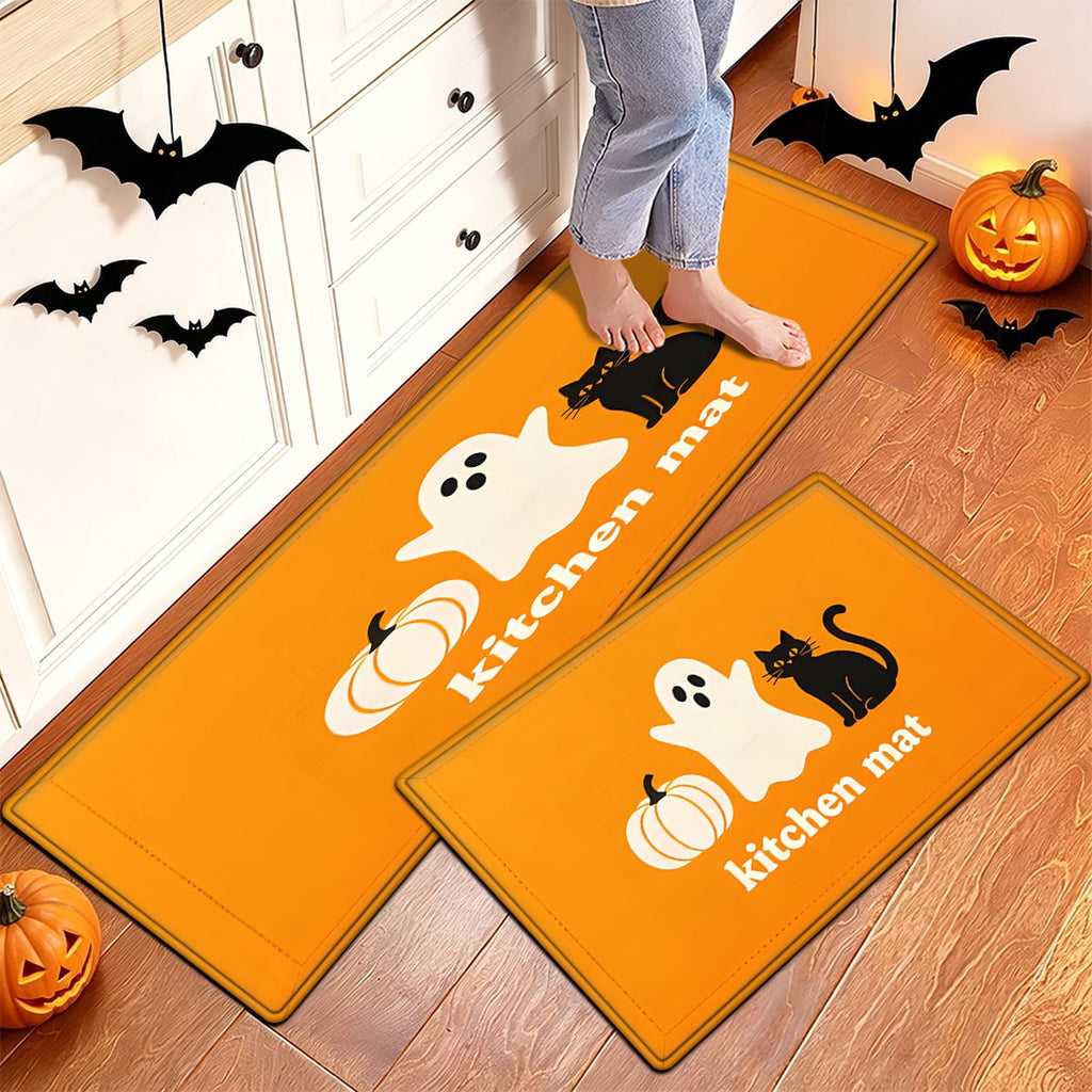 YIMEIS Halloween Orange Ghost Pumpkin Black Cat 1Pc Flannel Mat & Kitchen Rugs,Soft Non-slip,16''×24'' Inches,for Entryway Bathroom