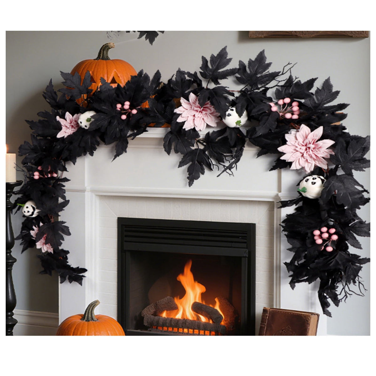 Halloween Artificial Maple Leaf Pumpkin Vine with LED Lights 67-71 Inch Lighted Fall Foliage Garland for Home Halloween Holiday Party Decor