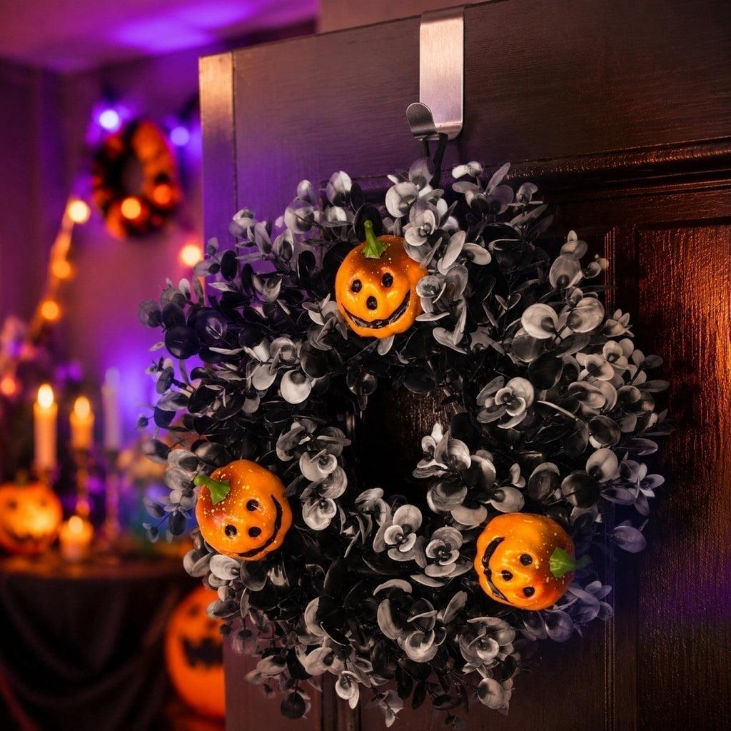 Hotyverty Halloween Wreath for Front Door, 13.77 Inch, Skull With Black Bow Wreath Halloween Decorations For Covered Outdoor Door & Farmhouse Gothic Home Ornament
