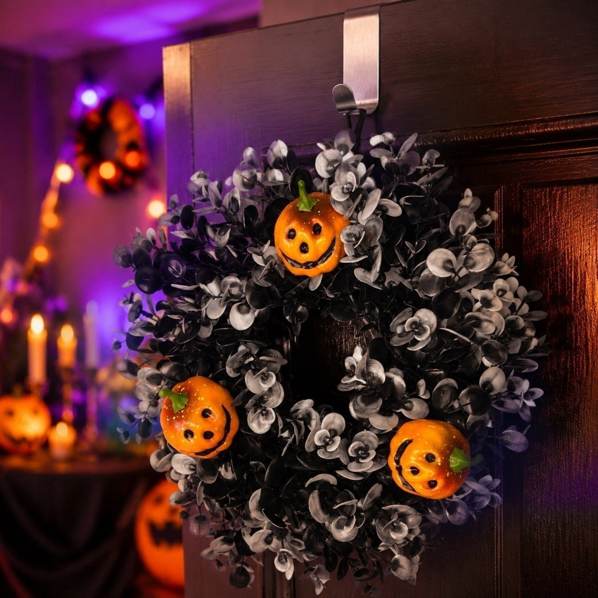 Halloween Wreaths for Front Door Halloween & Fall Fake Greenery Door Wreath, Thanksgiving Hanging Decor for Porch Window 12 Inch, D