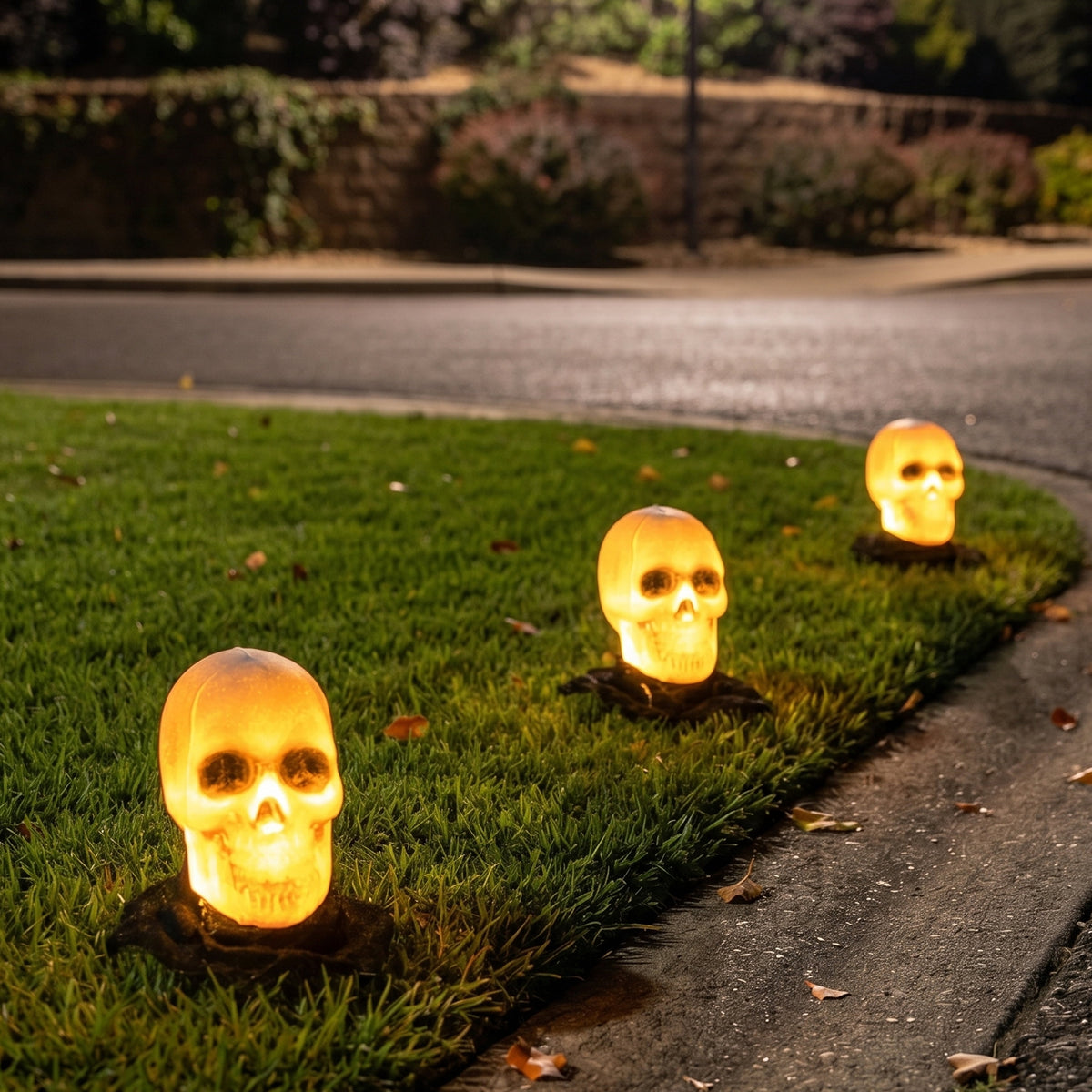 Joyfy 3 Pack 3D Halloween Skull Head Pathway Lights Decorations Outdoor, Battery Operated Spooky Skeleton Decor with 3 Stakes for Home Front Porch Yard Decor