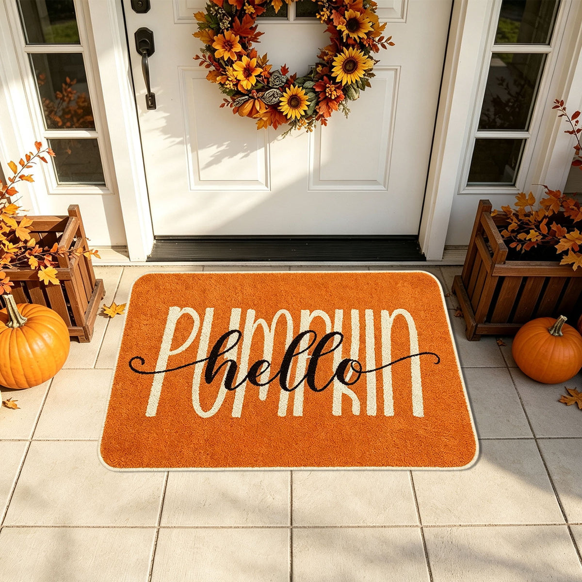 Yhmxh Fall Pumpkin Decorative Door Mat, Autumn Harvest Welcome Entryway Rug, Non‑Slip Absorbent Front Doormat, Seasonal Floor Mat for Indoor Outdoor Halloween Home Decoration 15.7x23.6 Inch
