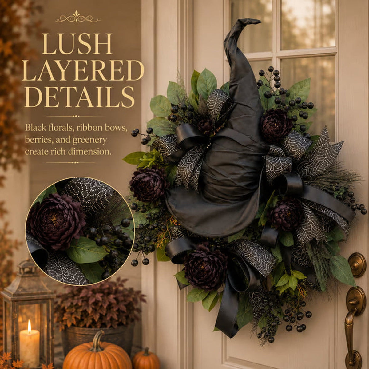 DAMAI Gothic Black Rose Witch Hat Wreath,Halloween Wreath With Black Berries & Ribbons,Wall Hanging Decor For Halloween Home Accent Front Door Gothic Party Layout