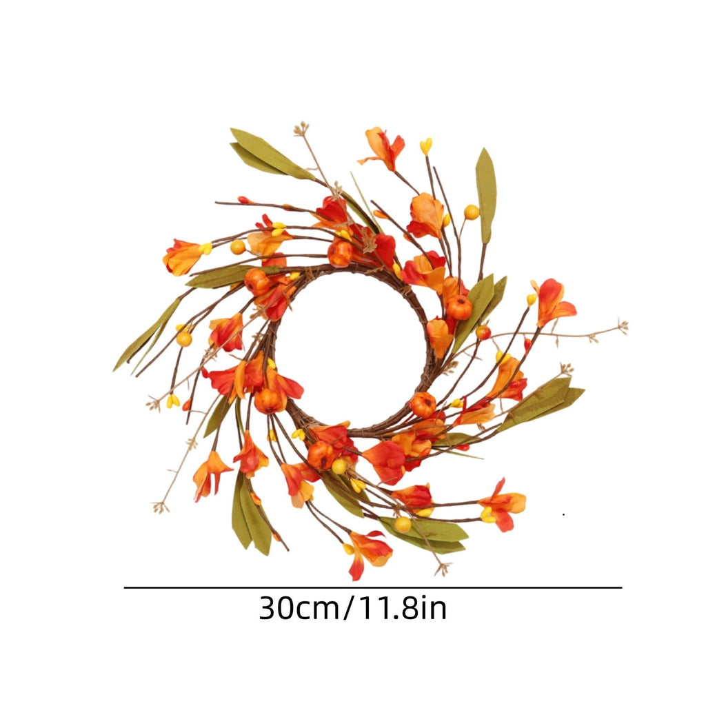 Qocolcyl 12in Faux Pumpkin Floral Fall Wreath, Fake Autumn Flower Berry Candle Ring, Small Twig Wreath for Front Door Mantel Dining Table Indoor Outdoor Thanksgiving Halloween Farmhouse Decor