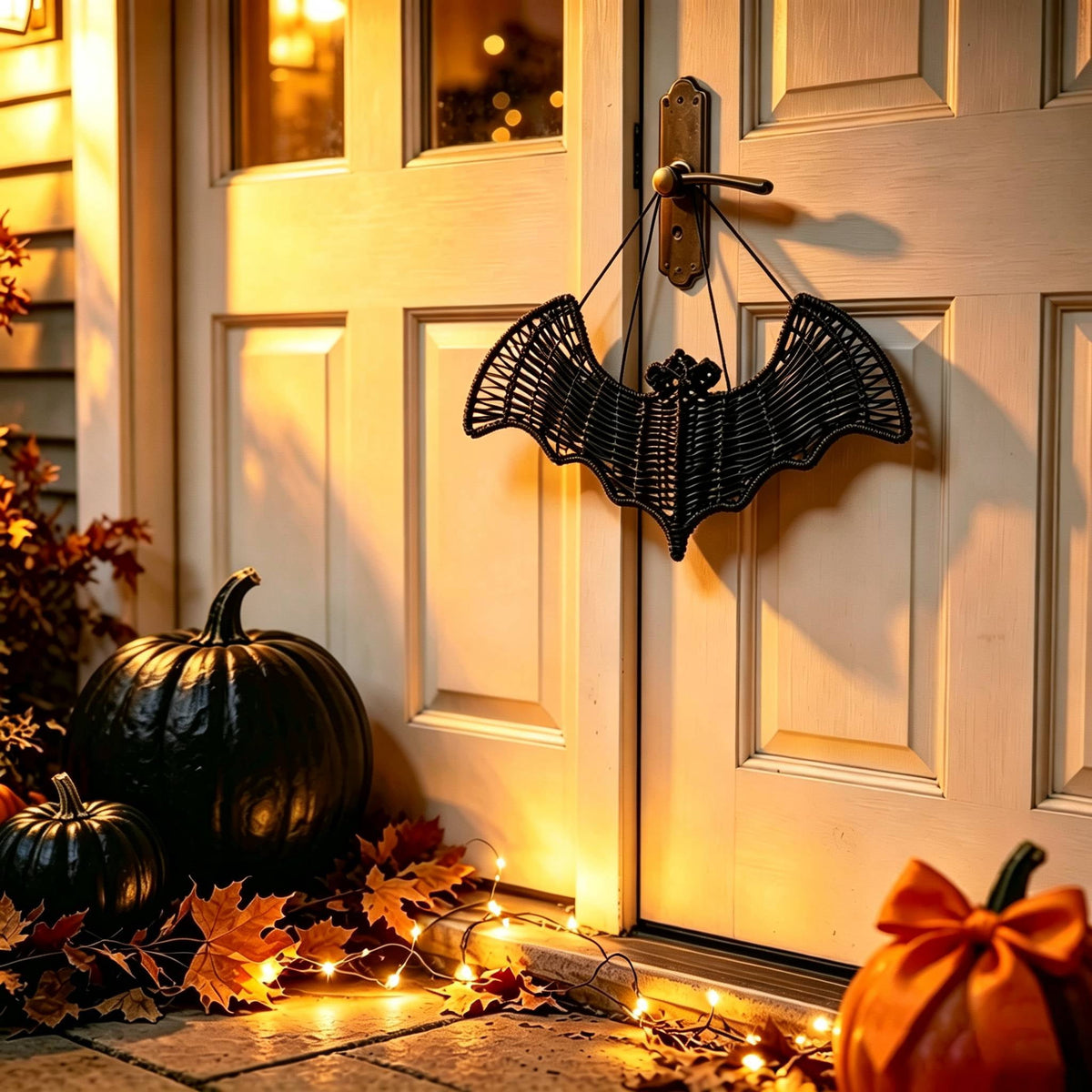 Black Rattan Wall Decoration, Halloween Wicker Bat Art, Indoor and Outdoor Festive Decor, Durable Plastic Material
